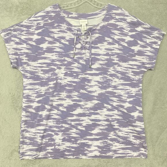 Chicos Top Womens Large Purple Short Sleeve V Neck Shirt Tie Dye Dolman Tee 2 - Picture 1 of 7